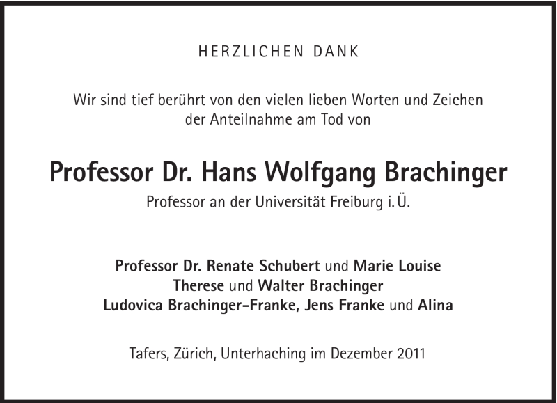  Traueranzeige für Hans Wolfgang Brachinger vom 10.12.2011 aus Süddeutsche Zeitung