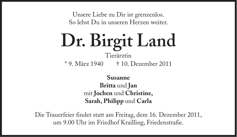  Traueranzeige für Birgit Land vom 15.12.2011 aus Süddeutsche Zeitung