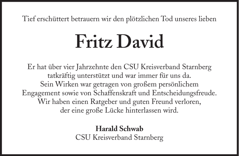  Traueranzeige für David Fritz vom 20.12.2011 aus Süddeutsche Zeitung
