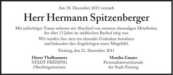 Traueranzeige von Hermann Spitzenberger von Süddeutsche Zeitung