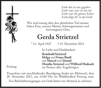 Traueranzeige von Gerda Strietzel von Süddeutsche Zeitung