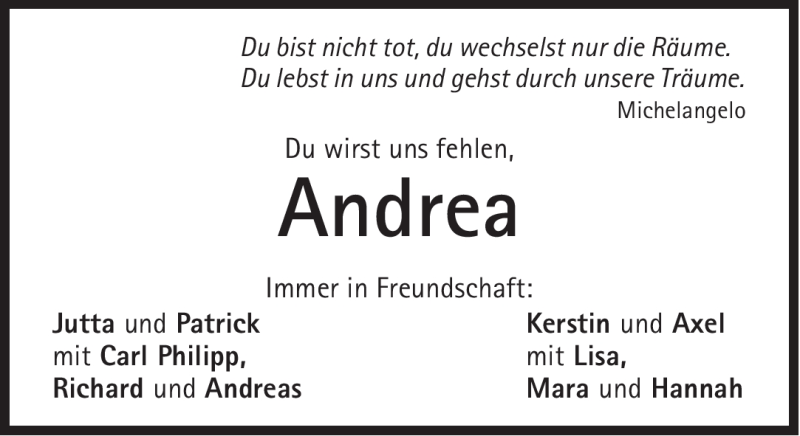  Traueranzeige für Andrea Kilger vom 29.12.2011 aus Süddeutsche Zeitung