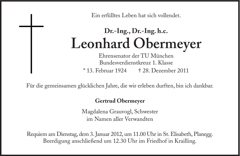  Traueranzeige für Leonhard Obermeyer vom 31.12.2011 aus Süddeutsche Zeitung