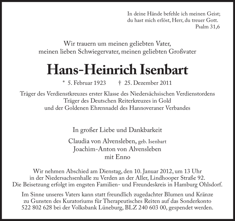  Traueranzeige für Hans-Heinrich Isenbart vom 31.12.2011 aus Süddeutsche Zeitung