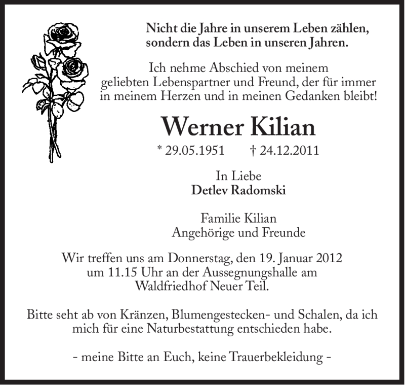  Traueranzeige für Werner Kilian vom 31.12.2011 aus Süddeutsche Zeitung