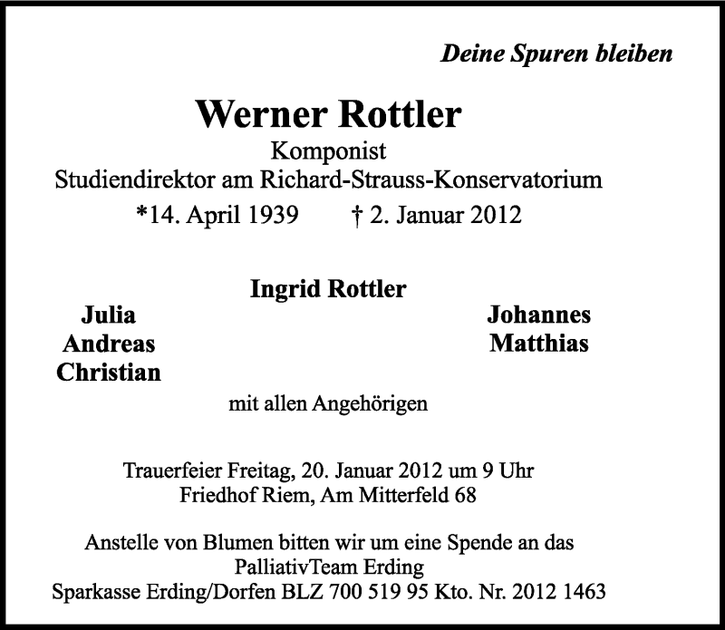  Traueranzeige für Werner Rottler vom 07.01.2012 aus Süddeutsche Zeitung