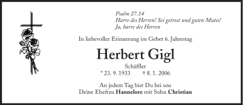 Traueranzeige von Herbert Gigl von Süddeutsche Zeitung