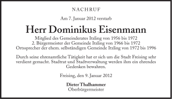 Traueranzeige von Dominikus Eisenmann von Süddeutsche Zeitung