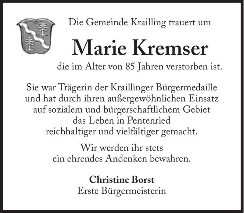  Traueranzeige für Marie Kremser vom 12.01.2012 aus Süddeutsche Zeitung