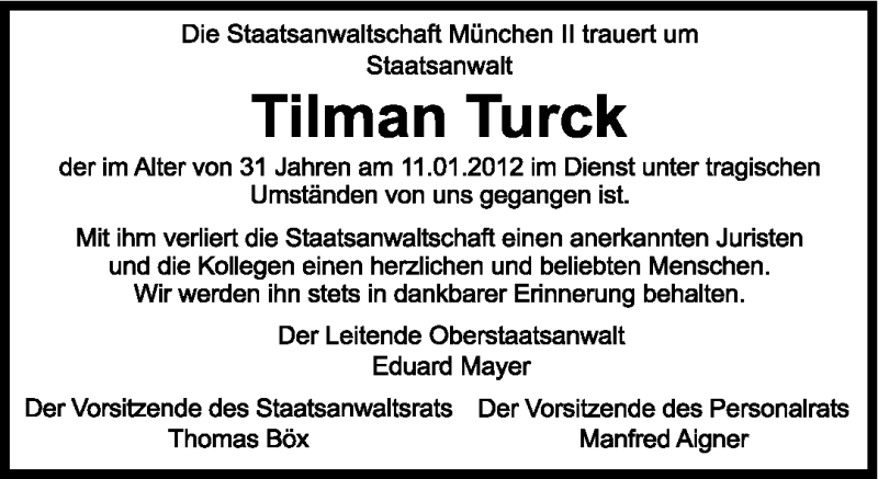  Traueranzeige für Tilman Caspar Turck vom 14.01.2012 aus Süddeutsche Zeitung