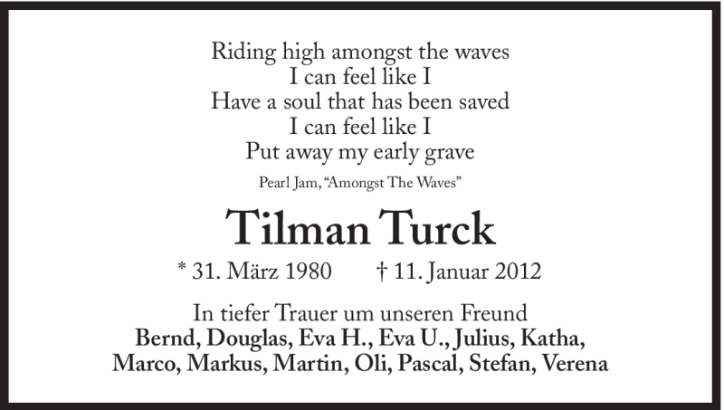  Traueranzeige für Tilman Caspar Turck vom 17.01.2012 aus Süddeutsche Zeitung