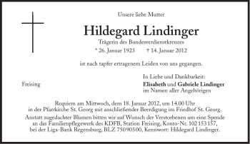 Traueranzeige von Hildegard Lindinger von Süddeutsche Zeitung