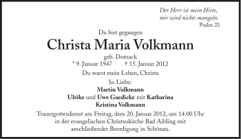 Traueranzeige von Christa Maria Volkmann von Süddeutsche Zeitung