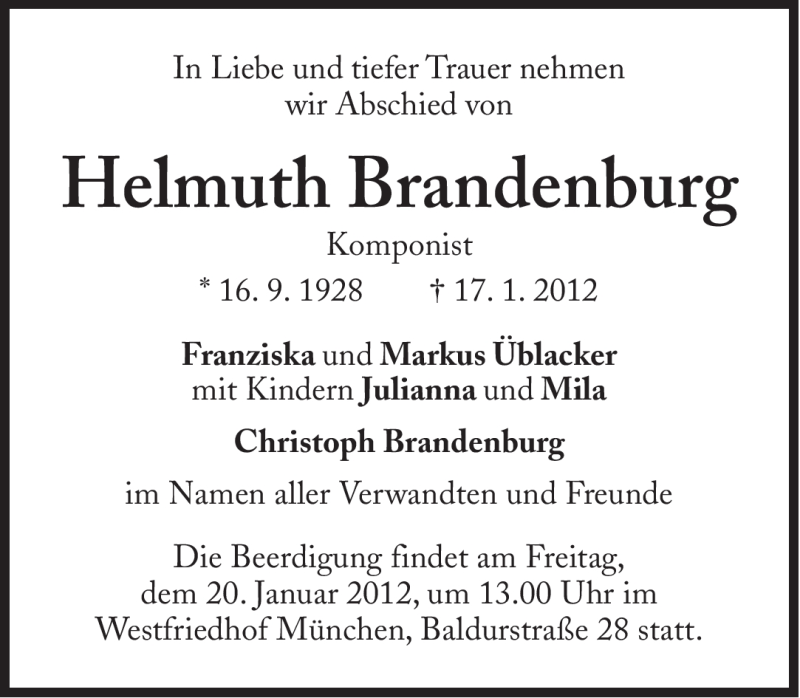  Traueranzeige für Helmuth Brandenburg vom 19.01.2012 aus Süddeutsche Zeitung