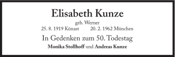 Traueranzeige von Elisabeth Kunze von Süddeutsche Zeitung