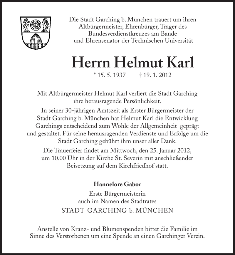  Traueranzeige für Helmut Karl vom 21.01.2012 aus Süddeutsche Zeitung