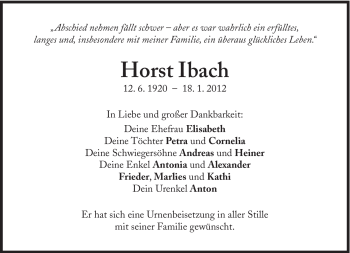 Traueranzeige von Horst Ibach von Süddeutsche Zeitung