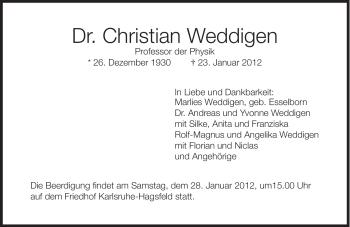 Traueranzeige von Christian Weddigen von Süddeutsche Zeitung