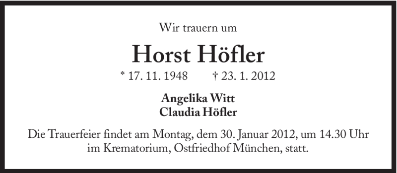  Traueranzeige für Horst Höfler vom 28.01.2012 aus Süddeutsche Zeitung