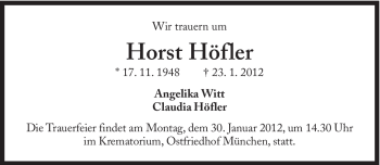 Traueranzeige von Horst Höfler von Süddeutsche Zeitung