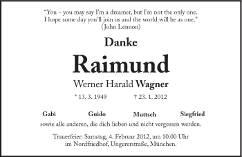 Traueranzeige von Raimund Wagner von Süddeutsche Zeitung