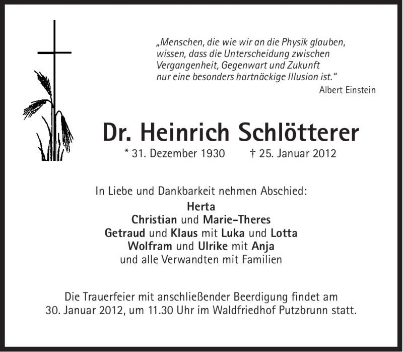  Traueranzeige für Heinrich Schlötterer vom 28.01.2012 aus Süddeutsche Zeitung