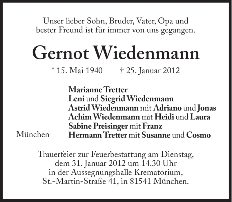  Traueranzeige für Gernot Wiedenmann vom 28.01.2012 aus Süddeutsche Zeitung