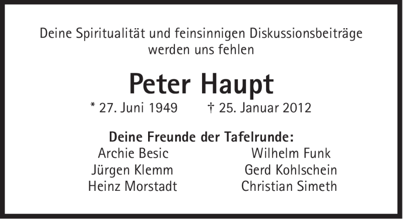  Traueranzeige für Peter Haupt vom 28.01.2012 aus Süddeutsche Zeitung
