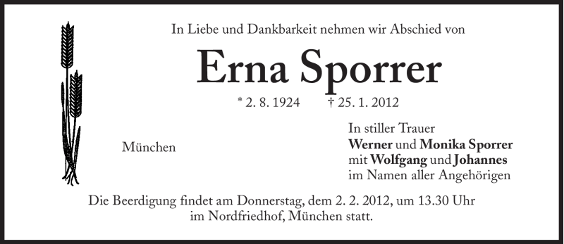  Traueranzeige für Erna Sporrer vom 28.01.2012 aus Süddeutsche Zeitung