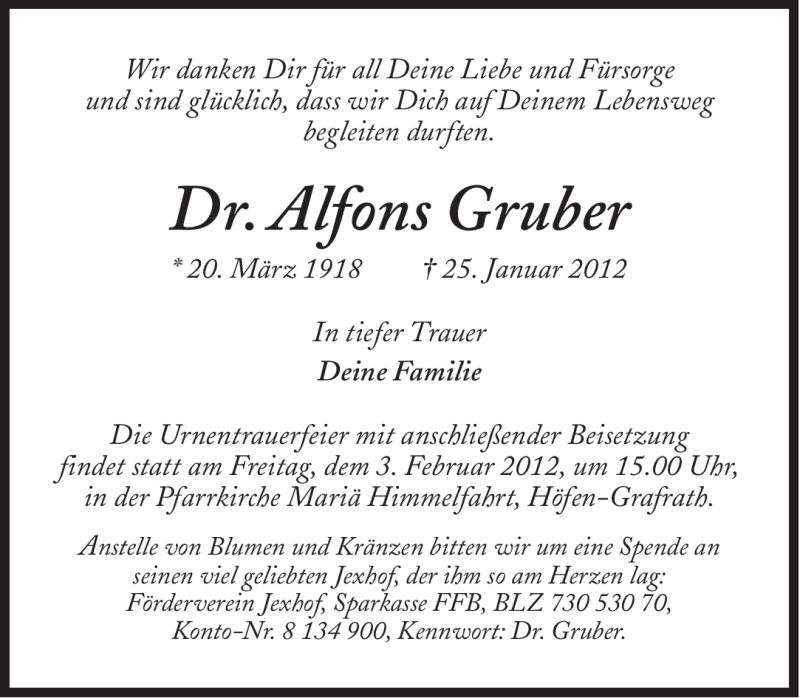  Traueranzeige für Alfons Gruber vom 28.01.2012 aus Süddeutsche Zeitung