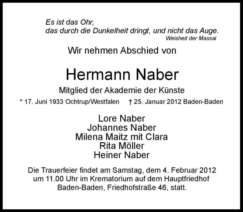  Traueranzeige für Hermann Naber vom 28.01.2012 aus Süddeutsche Zeitung