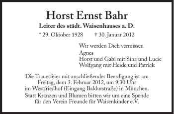 Traueranzeige von Horst Ernst Bahr von Süddeutsche Zeitung
