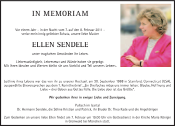 Traueranzeige von Ellen Sendele von Süddeutsche Zeitung