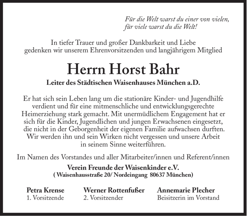  Traueranzeige für Horst Ernst Bahr vom 03.02.2012 aus Süddeutsche Zeitung