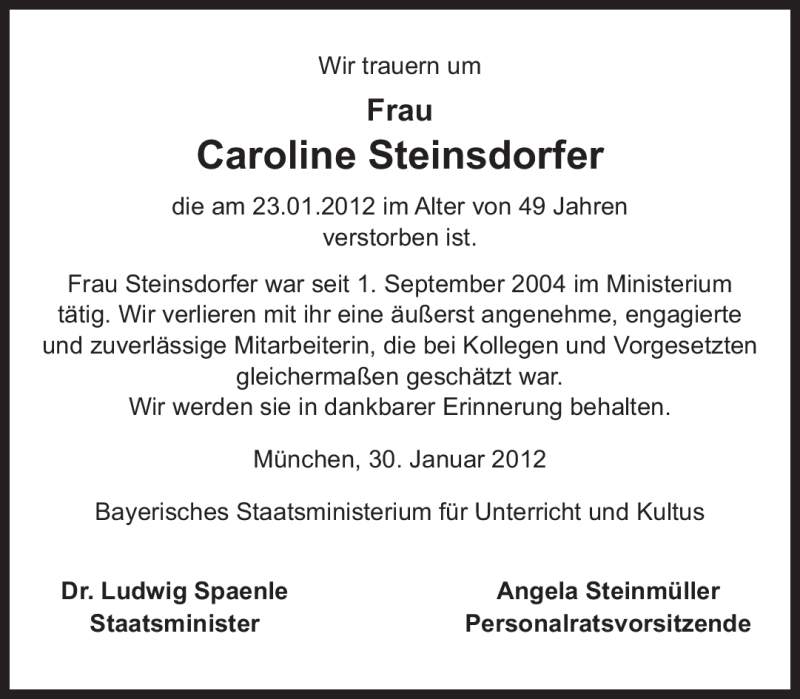  Traueranzeige für Caroline Steinsdorfer vom 03.02.2012 aus Süddeutsche Zeitung