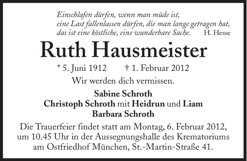  Traueranzeige für Ruth Hausmeister vom 04.02.2012 aus Süddeutsche Zeitung