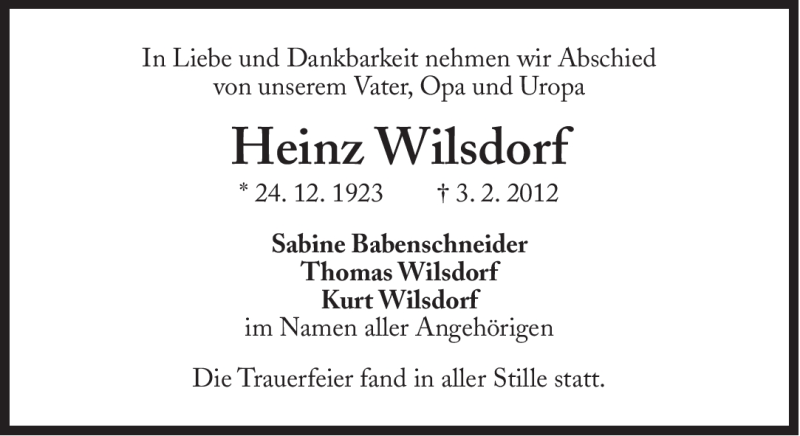  Traueranzeige für Heinz Wilsdorf vom 11.02.2012 aus Süddeutsche Zeitung