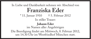 Traueranzeige von Franziska Eder von Süddeutsche Zeitung