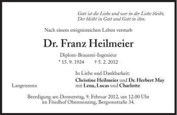 Traueranzeige von Franz Heilmeier von Süddeutsche Zeitung