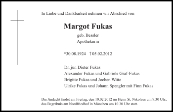 Traueranzeige von Margot Fukas von Süddeutsche Zeitung
