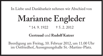 Traueranzeige von Marianne Engleder von Süddeutsche Zeitung