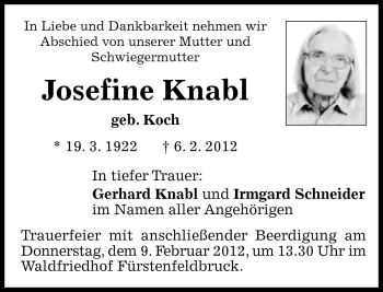Traueranzeige von Josefine Knabl von Süddeutsche Zeitung