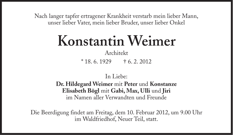  Traueranzeige für Konstantin Weimer vom 09.02.2012 aus Süddeutsche Zeitung
