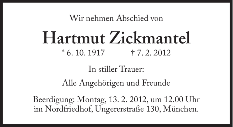  Traueranzeige für Hartmut Zickmantel vom 11.02.2012 aus Süddeutsche Zeitung