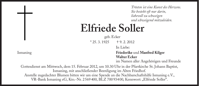  Traueranzeige für Elfriede Soller vom 11.02.2012 aus Süddeutsche Zeitung