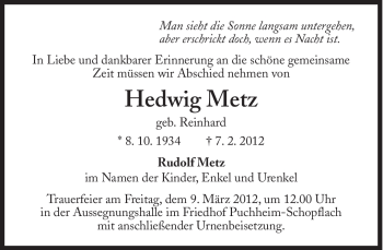 Traueranzeige von Hedwig Metz von Süddeutsche Zeitung