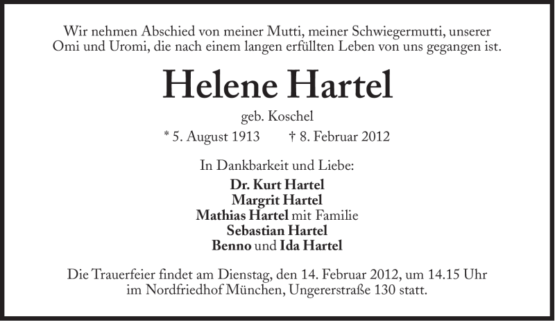  Traueranzeige für Helene Hartel vom 11.02.2012 aus Süddeutsche Zeitung
