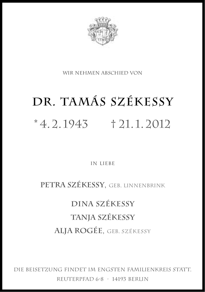  Traueranzeige für Tamas Szekessy vom 11.02.2012 aus Süddeutsche Zeitung