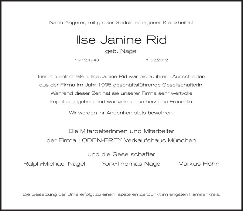  Traueranzeige für Ilse Janine Rid vom 11.02.2012 aus Süddeutsche Zeitung