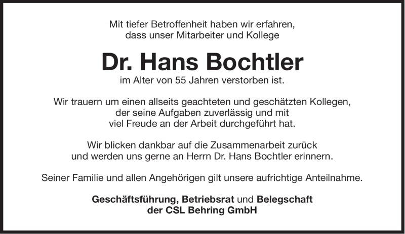  Traueranzeige für Hans Bochtler vom 11.02.2012 aus Süddeutsche Zeitung